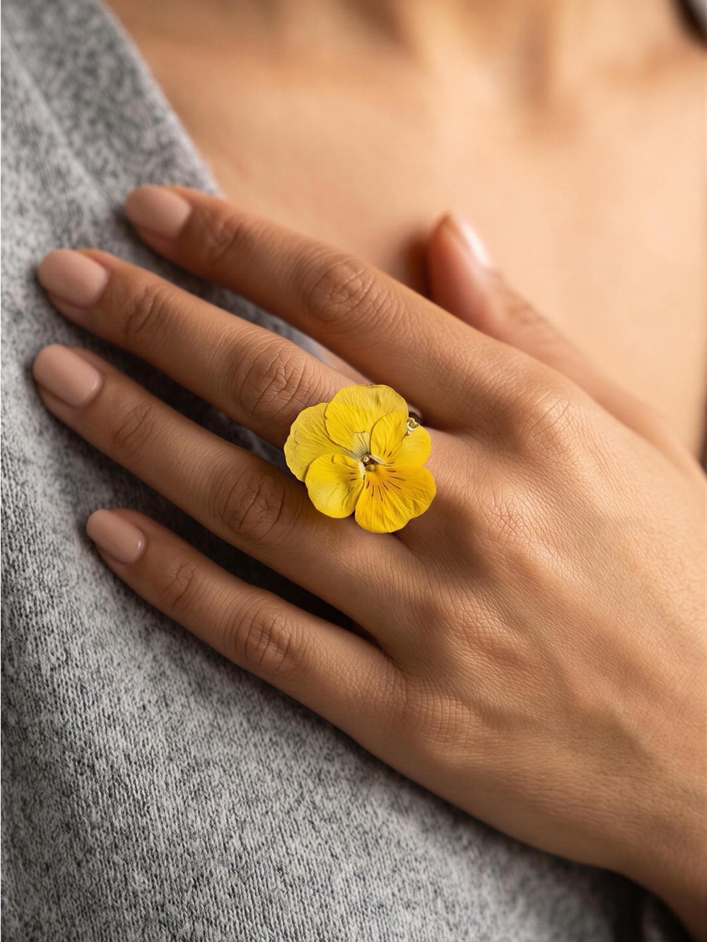 Yellow Pansy Flower Ring - Women's Jewelry